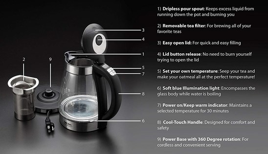 Aroma Housewares AWK-165DI 7 Cup Glass and Stainless Digital Kettle with Tea Infuser, 1.7 L, Clear - 6550S